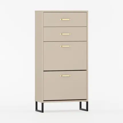 Moderne skoskap med fem dører og metallben.