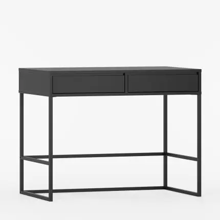 Skrivebord med to skuffer og metallramme.