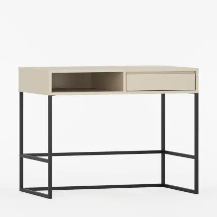 Skrivebord med skuff og åpent oppbevaringsrom.