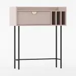 Konsoll SIGI i cappuccino med én skuff, tre loddrette rom, gyldent håndtak og svarte metalben.