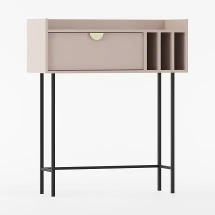 Konsoll SIGI i cappuccino med én skuff, tre loddrette rom, gyldent håndtak og svarte metalben.