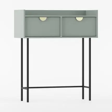 Konsollbord SIGI i støvete grønn med to skuffer, gyldne håndtak og svarte metalben.