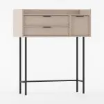 Konsoll SIGI i cappuccinofarge med to skuffer, et lite skap og svarte metalben.