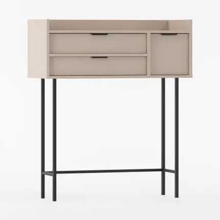 Konsoll SIGI i cappuccinofarge med to skuffer, et lite skap og svarte metalben.