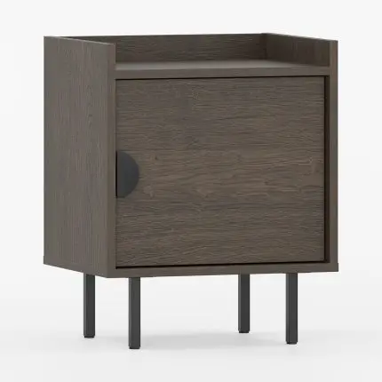 Mørkt skap SIGI med én dør, svart håndtak og svarte ben i trestruktur.