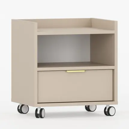 Skap med hjul SIGI i kasjmirfarge med åpen hylle og skuff.