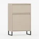 Skap med en dør og en skuff samt slanke metallben.