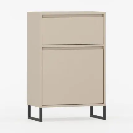 Skap med en dør og en skuff samt slanke metallben.