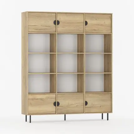 Tilpasset reol med ben, dører og åpne hyller.