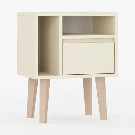 Elegant nattbord med én romslig skuff og to åpne hyller.