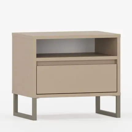 Moderne nattbord med én skuff og en åpen hylle.