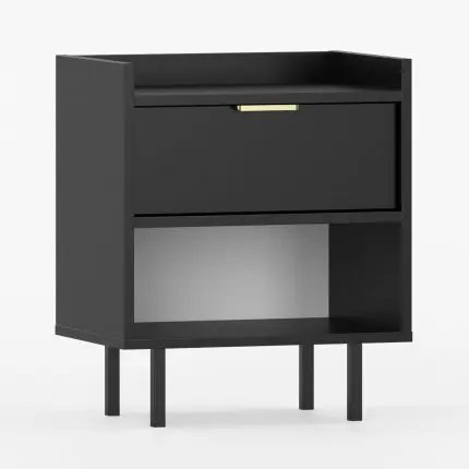 Svart nattbord SIGI med én skuff, åpen hylde og gyldent håndtak.
