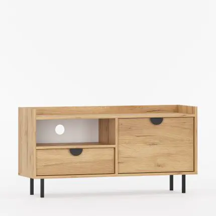 TV-bord med én dør og én skuff, samt en åpen hylle.