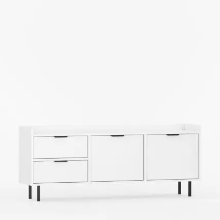 Elegant TV-benk med to skuffer og en dør, med ben.