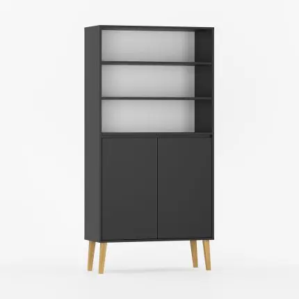 Reol med tre hyller og to dører.