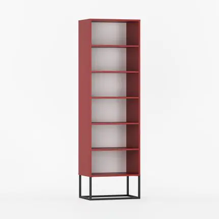 Reol med seks åpne hyller og moderne metallramme.