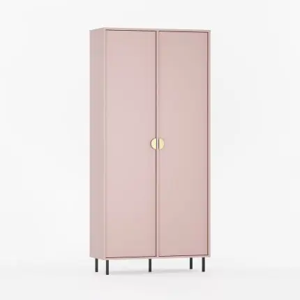 Garderobeskap SIGI i støvet rosa med to dører, gyldne håndtak og sorte ben – et stilfullt og moderne skap.