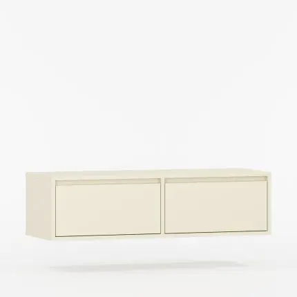 Vegghengt TV-bord UBBE i lys farge med to like dører – enkel og funksjonell oppbevaringsløsning i minimalistisk design.