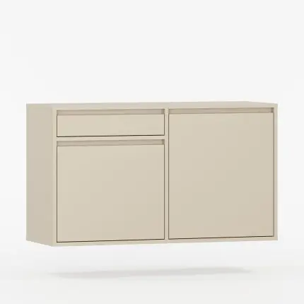 Beige vegghengt skjenk UBBE med én skuff og to dører – enkel og kompakt oppbevaring i moderne design.