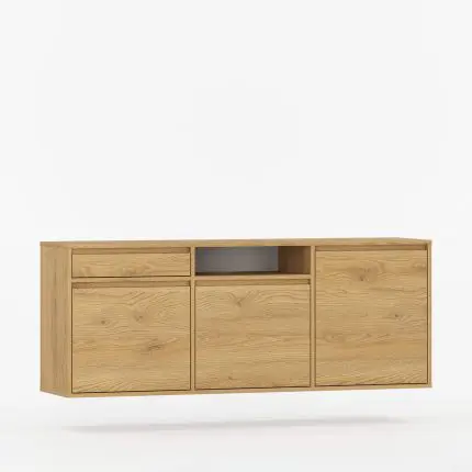 Vegghengt skjenk UBBE i eiketre med tre dører, én skuff og åpen hylle – rolig og funksjonell oppbevaringsløsning.