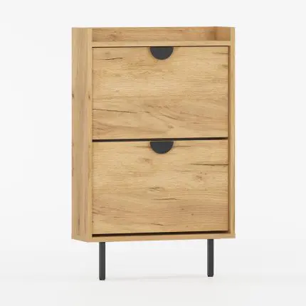 Skoskap SIGI i trelook med to dører og svarte håndtak på svarte ben.