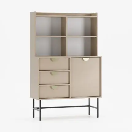 Moderne skjenk i cappuccino med skuffer, skap og åpne hyller.