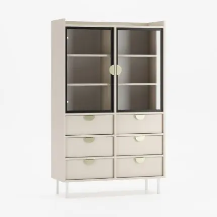 Vitrineskap SIGI med glassdører og seks skuffer i kasjmirfarge.