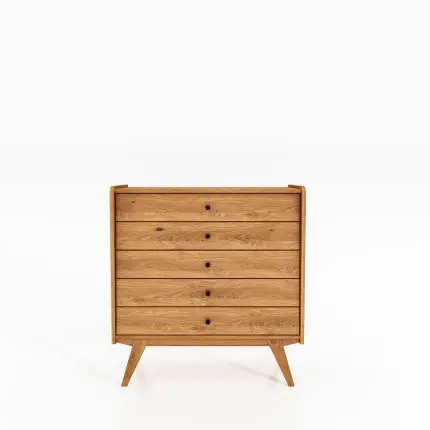 RETRO kommode i oljet tre med fem brede skuffer og skråstilte ben – tidløs og funksjonell.