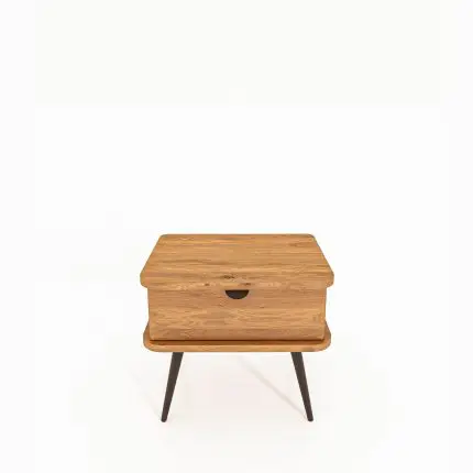Nattbord KULA i oljet tre med én skuff og svarte, slanke metalben – avrundede hjørner.