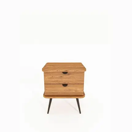 Nattbord KULA i oljet tre med to skuffer og svarte slanke ben – minimalistisk design med avrundede kanter.