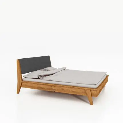 RETRO seng i massivt tre med mørk polstret gavl og skråstilte ben – tidløs og komfortabel.
