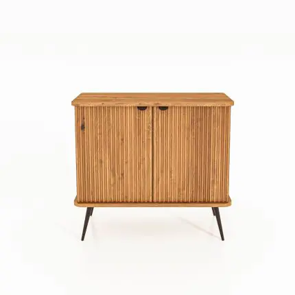 Skap KULA i oljet tre med to riflede dører og svarte håndtak – løftet på slanke svarte metalben.