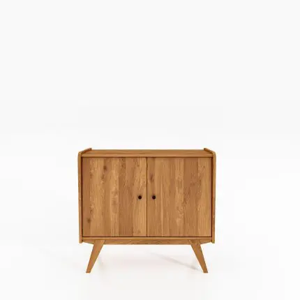 RETRO skap i oljet tre med to dører og skråstilte ben – klassisk og naturlig design.