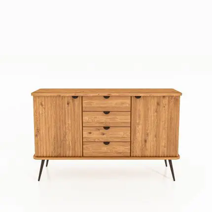 Skjenk KULA med fire midterste skuffer og to riflede dører – i oljet tre med svarte håndtak og slanke metalben.