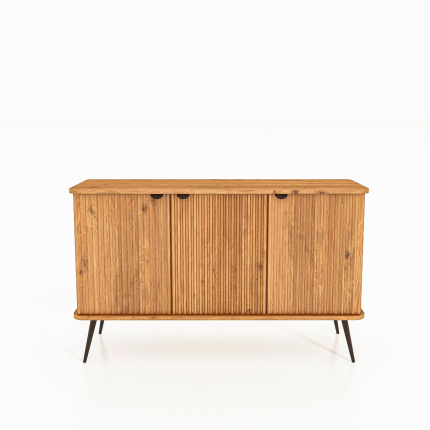 Skjenk KULA i oljet tre med tre riflede dører og svarte ben – balansert og funksjonelt møbel i skandinavisk stil.
