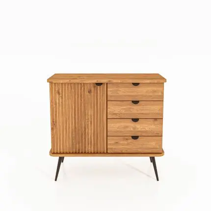 Skjenk KULA i oljet tre med fire skuffer på høyre side og én riflet dør til venstre – stående på svarte metalben.