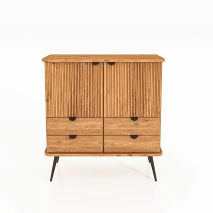 Skjenk KULA i oljet tre med to riflede dører øverst og seks skuffer nederst – løftet på slanke svarte metalben.