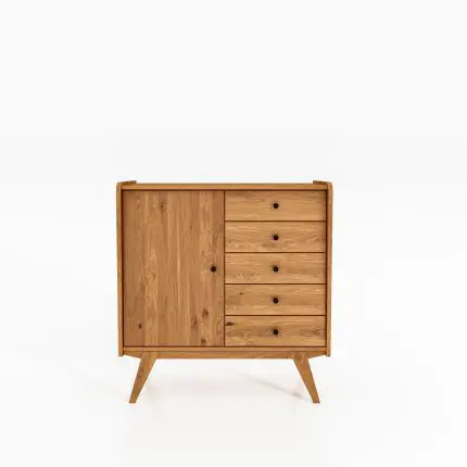 RETRO skjenk i oljet tre med fem skuffer og én dør – i harmonisk og lett retrodesign med skrå ben.