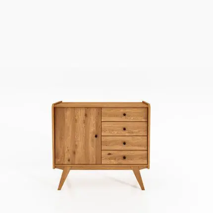 RETRO skjenk i massivt tre med én dør og fire skuffer – skråstilte ben og harmonisk design.