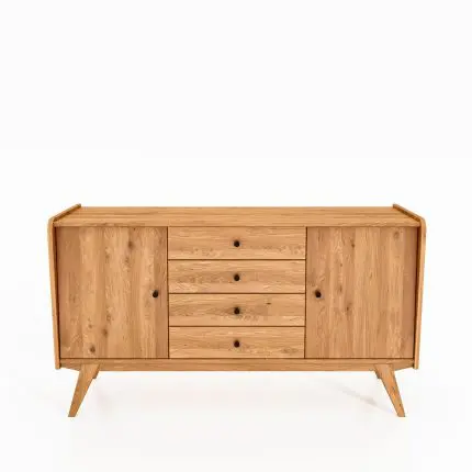 RETRO skjenk i massivt tre med fire skuffer i midten og to dører – skråstilte ben og myke avrundede former.