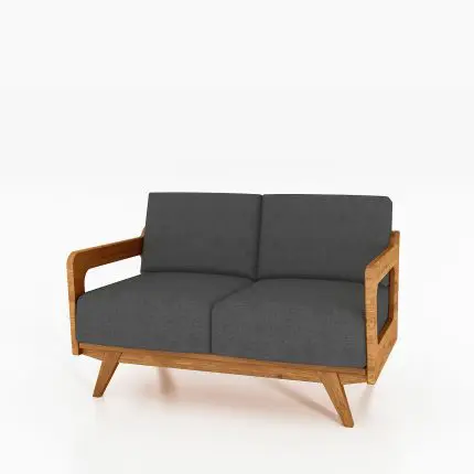 RETRO sofa for to personer med mørkt stofftrekk og ramme i massivt tre. Skandinavisk design med åpen ramme og skråstilte ben.