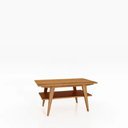 RETRO sofabord i oljet tre med hylle under bordplaten og skråstilte ben – naturlig og lett uttrykk.