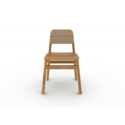 Stol Twig i massivt tre med polstret rygg og tresete. Synlige treårer og mykt uttrykk.