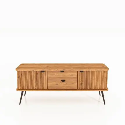 TTV-benk KULA i oljet tre med to riflede dører på sidene og to skuffer i midten – stående på svarte metalben.