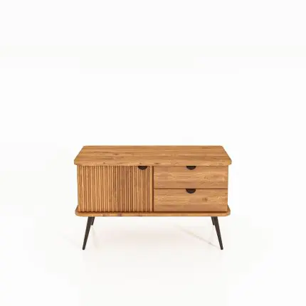 TV-benk KULA i oljet tre med én loddrett riflet dør og tre skuffer – på svarte metalben.