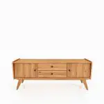 TV-benk RETRO i oljet tre med tre skuffer og to dører – skråstilte ben og avrundede former.