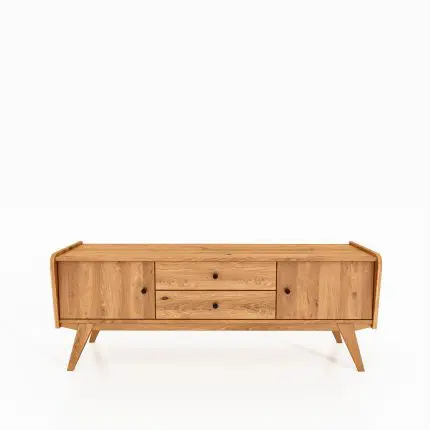 TV-benk RETRO i oljet tre med tre skuffer og to dører – skråstilte ben og avrundede former.