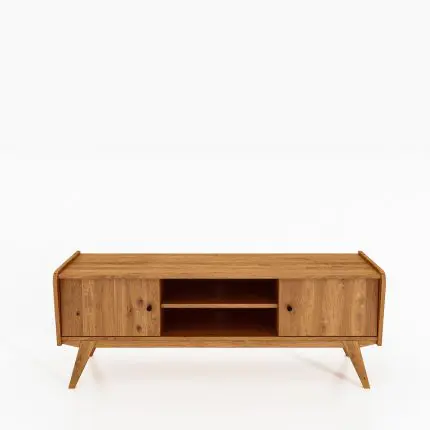RETRO TV-benk i oljet tre, 160 cm, med to dører og to åpne hyller – på skrå ben.