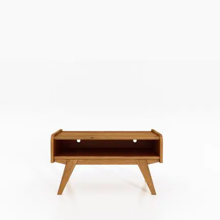 RETRO lav TV-benk i oljet tre med åpen hylle og skrå ben – med kabeluttak på bakplaten.