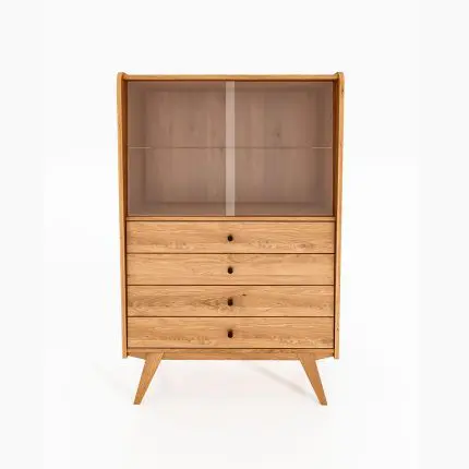 RETRO vitrineskap med glassdører og fire treskuffer. Skapet har skrå ben og er laget i massivt oljet tre med glasshylle i øverste del.